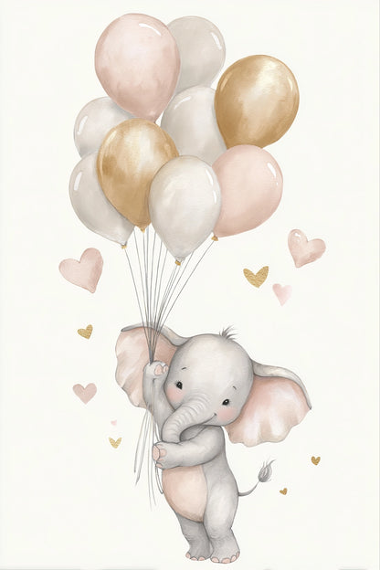 Illustratie van een baby olifant met pastel ballonnen en hartjes in zachte kleuren op een witte achtergrond
