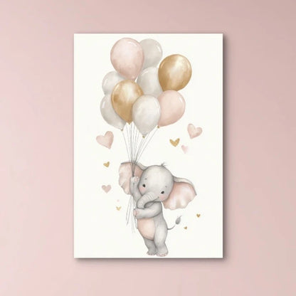 Detail van baby olifant met roze, gouden en witte ballonnen en hartjes op een lichte achtergrond
