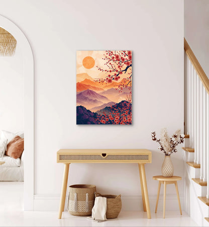 Textielkunstwerk met bergen in oranjerode tinten en bloesems, hangend boven een houten haltafel in een licht interieur
