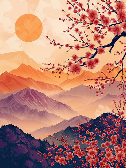 Volledig kunstwerk met zon, bloeiende takken en berglandschap in warme tinten roze, oranje en paars
