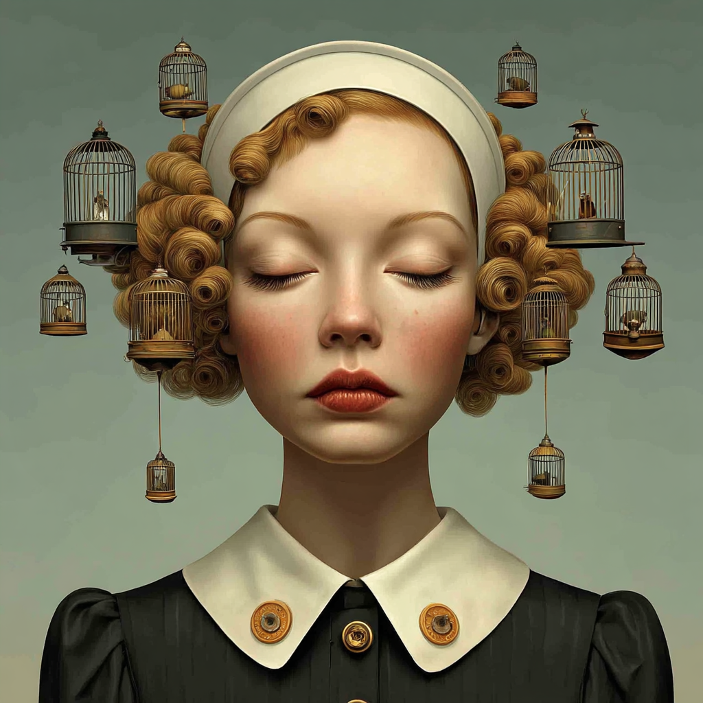 Volledige weergave van Binnenwereld, portretkunst met symbolische elementen en serene sfeer
