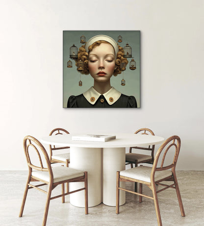 Binnenwereld wandkunst in modern interieur met zachte kleuren en rustige uitstraling
