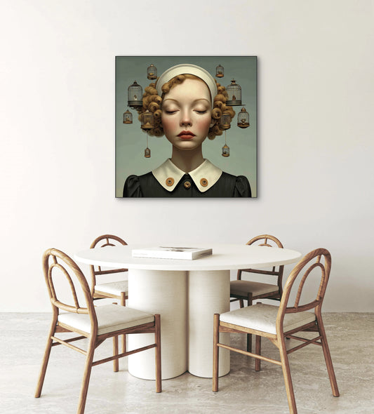 Binnenwereld wandkunst in modern interieur met zachte kleuren en rustige uitstraling
