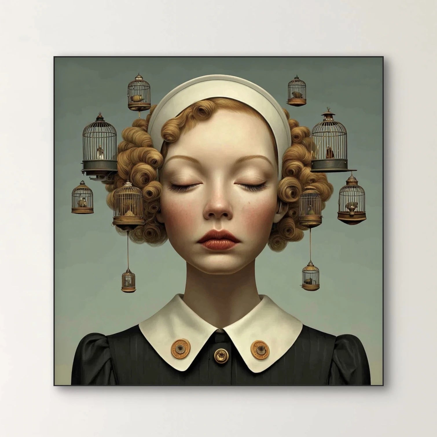 Detail van Binnenwereld wandkunst met vogelkooitjes en verfijnde penseelstructuren
