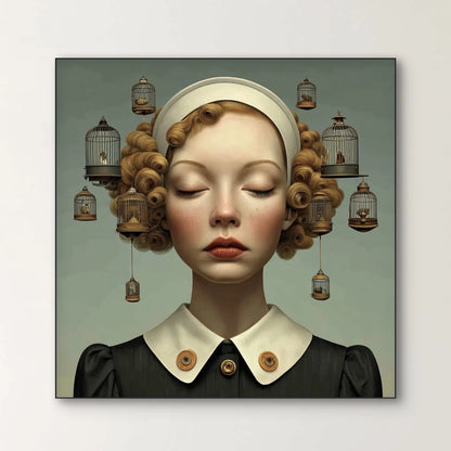 Detail van Binnenwereld wandkunst met vogelkooitjes en verfijnde penseelstructuren
