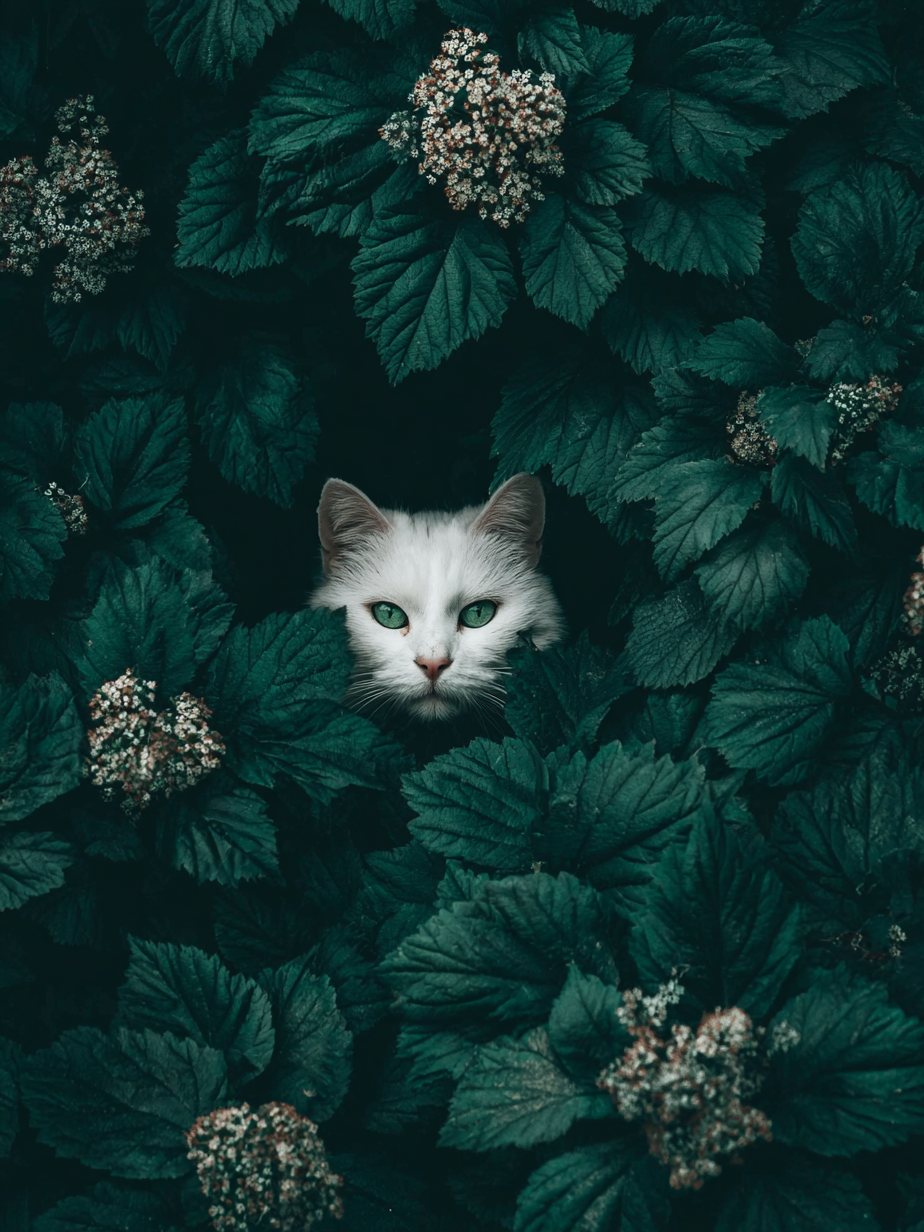 Bladsluier, witte kat verscholen tussen bladeren en bloemen in mysterieuze sfeer  
