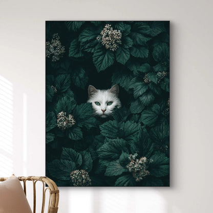 Detail van Bladsluier met witte kat tussen donkergroene bladeren  
