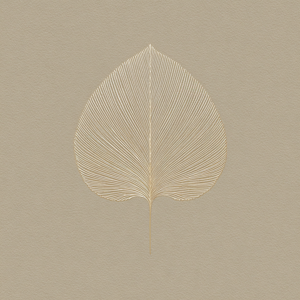 Minimalistisch kunstwerk Bladstilte met gouden bladstructuur op een zachte beige ondergrond.
