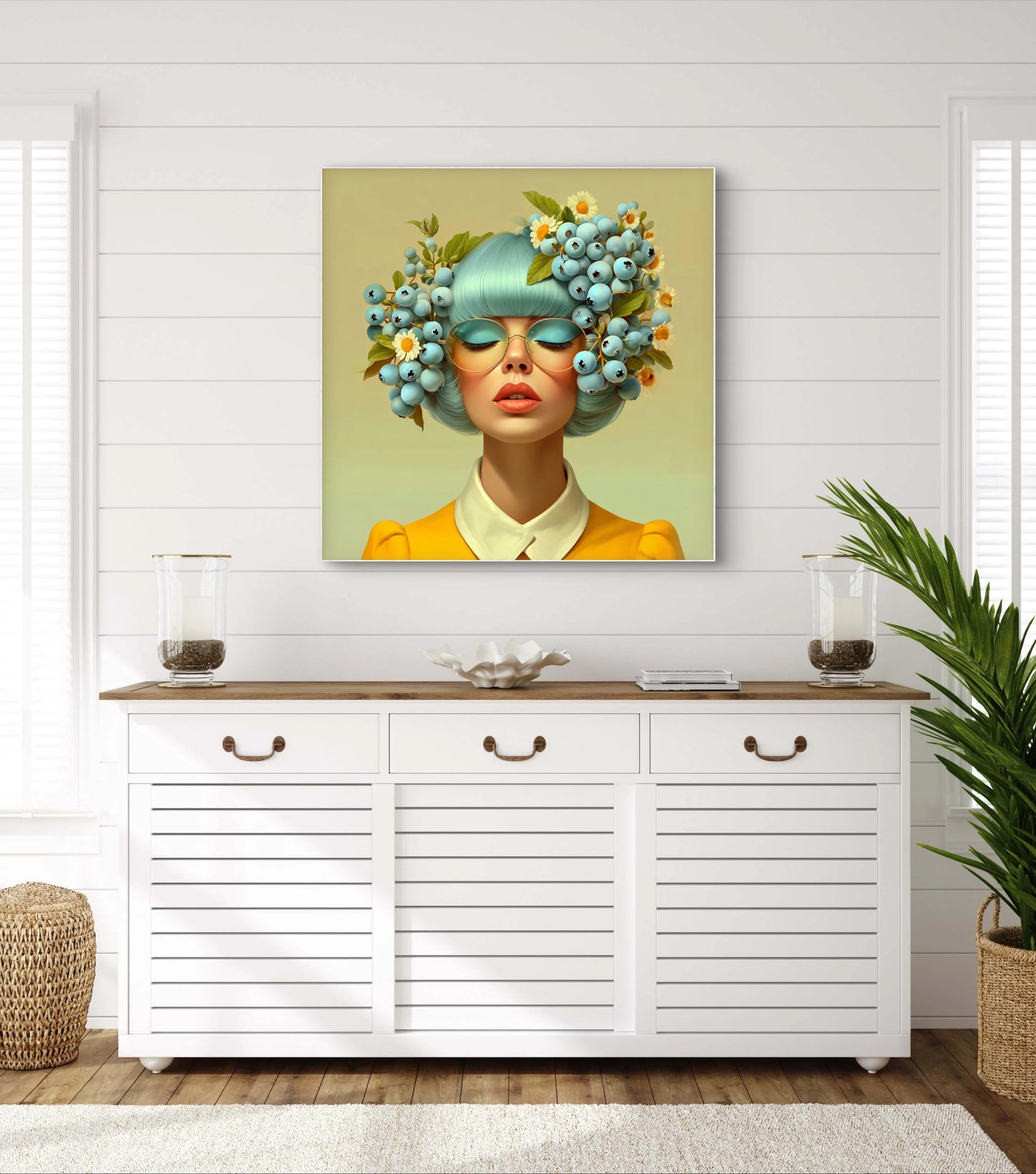 Blauwbes wandkunst in licht interieur met frisse kleuren en natuurlijke uitstraling
