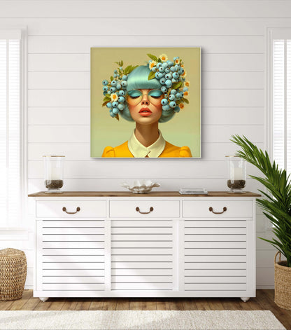 Blauwbes wandkunst in licht interieur met frisse kleuren en natuurlijke uitstraling
