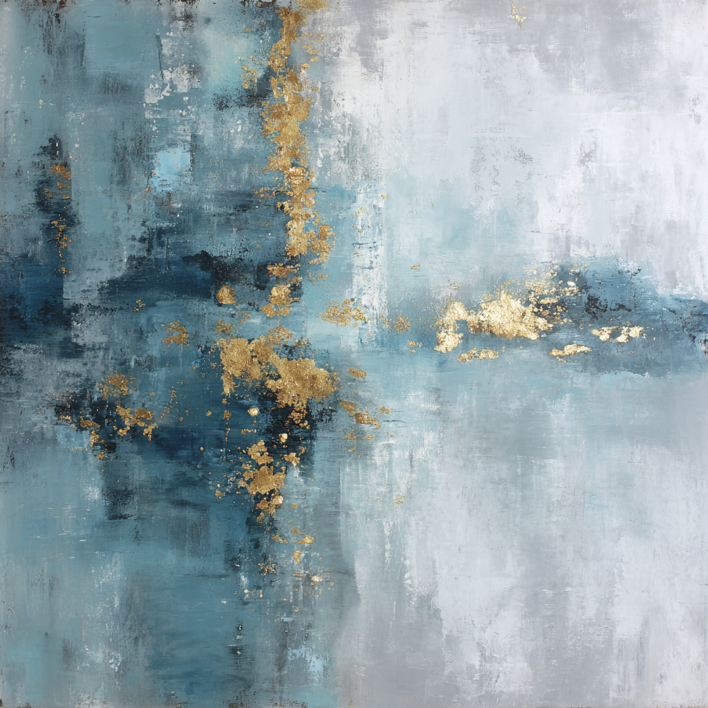Abstract schilderij in blauw, grijs en goud tinten dat rust en elegantie uitstraalt
