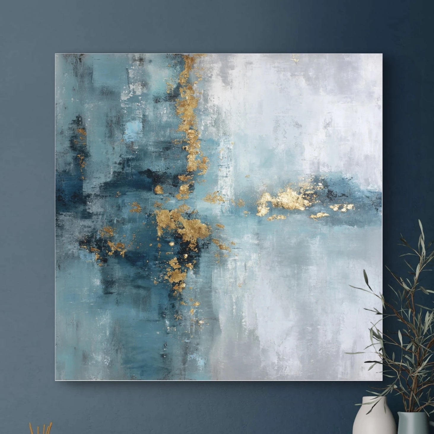 Detail van penseelstreken in blauw en goud met glanzende textuur en zachte overgangen
