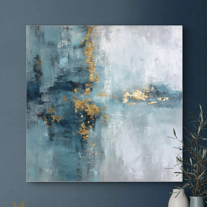 Detail van penseelstreken in blauw en goud met glanzende textuur en zachte overgangen
