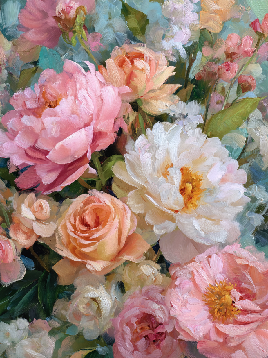 Volledig kunstwerk Bloei van Zomer met dromerig bloemstuk in zachte zomertinten 
