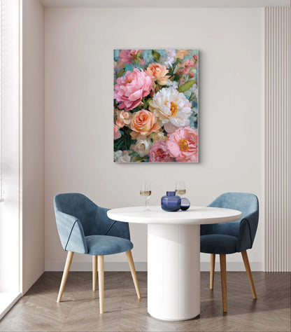 Mock-up van kunstwerk Bloei van Zomer aan de muur boven ronde tafel met blauwe stoelen 
