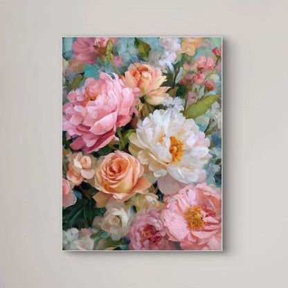 Detailopname van kunstwerk Bloei van Zomer met roze, perzik en witte bloemen 
