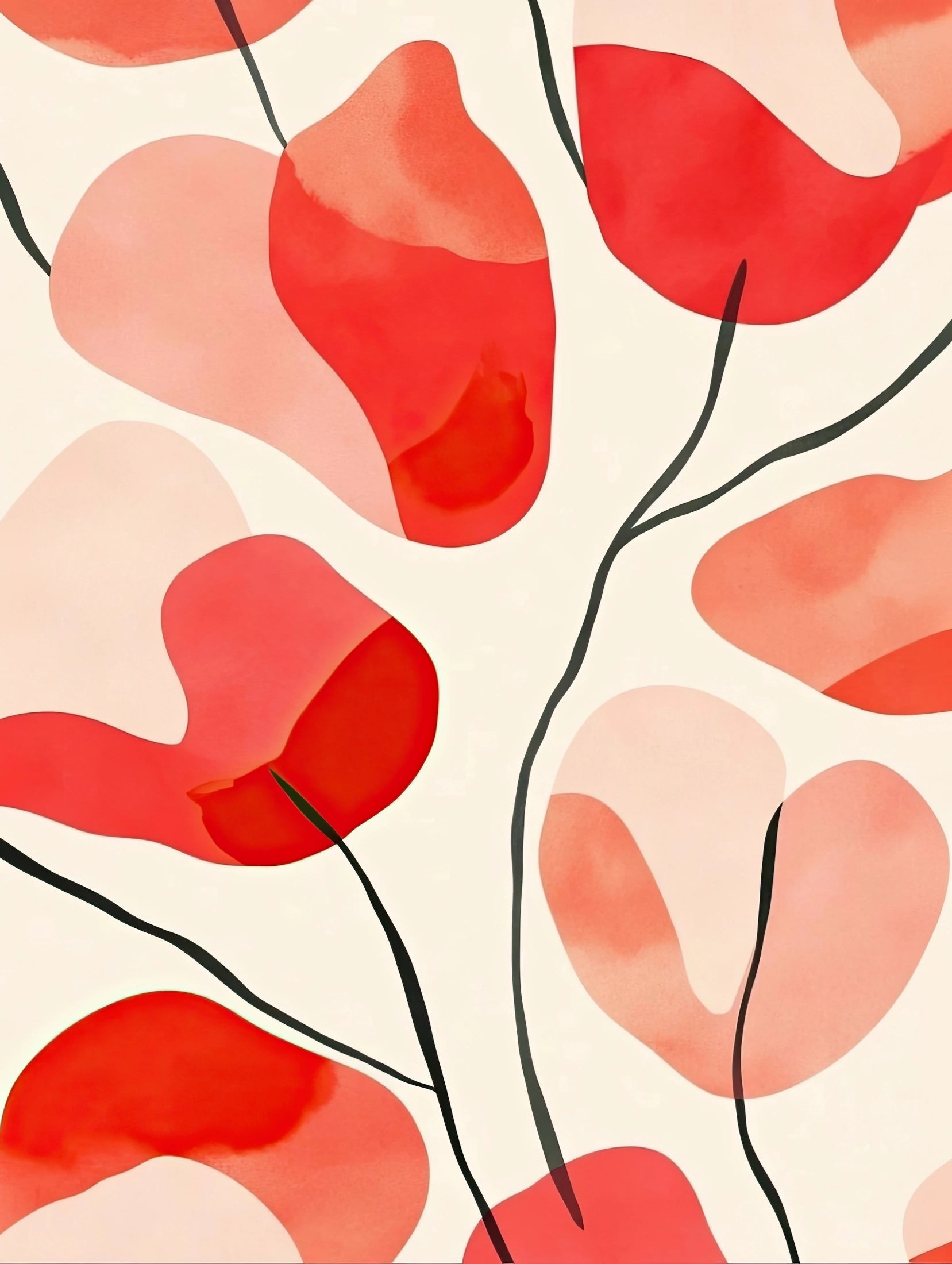 Volledige afbeelding van moderne wandkunst met organische bloemen in zachte warme kleuren
