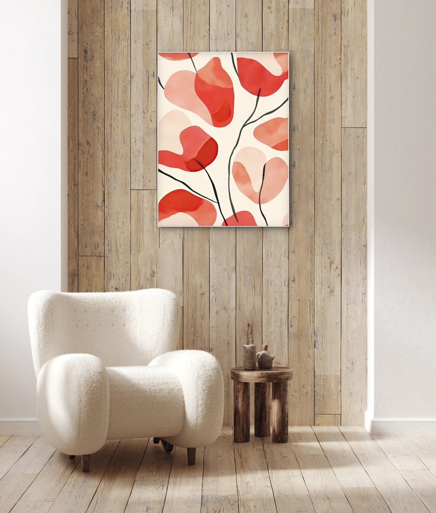 Moderne wanddecoratie met bloeiende vormen in koraalrood, warm wit en zachte roze tinten
