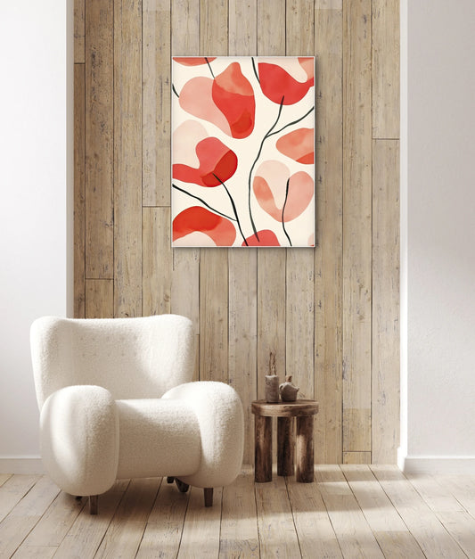 Moderne wanddecoratie met bloeiende vormen in koraalrood, warm wit en zachte roze tinten