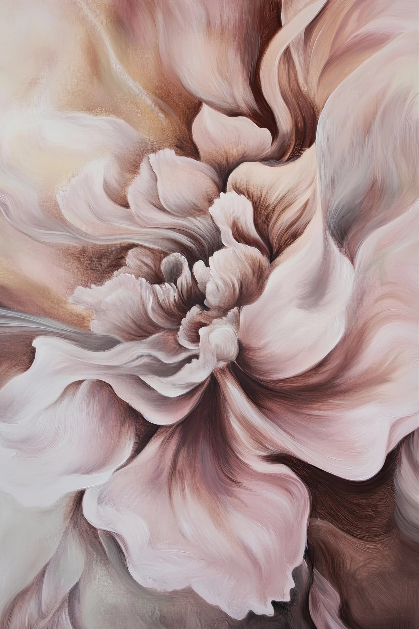 Volledige afbeelding van moderne wandkunst met abstracte bloemstructuur in warme natuurlijke kleuren
