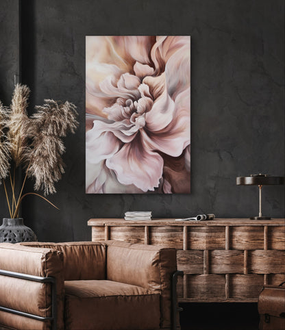 Luxe wanddecoratie met grote bloemvormen in poederroze, beige en warme aardetinten