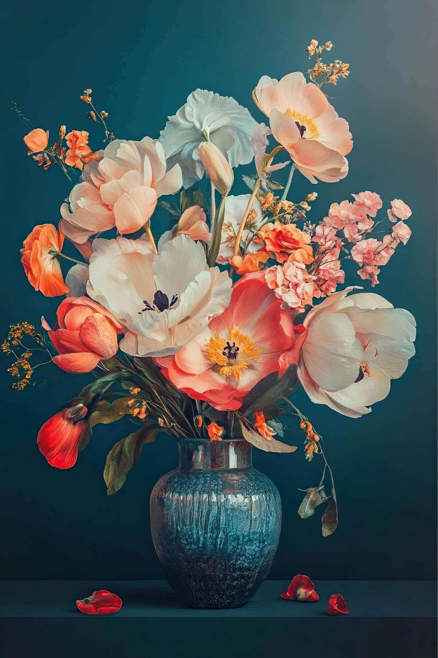 Volledige weergave van Bloei in Blauwe Stilte, bloemen in vaas met vallende bloemblaadjes
