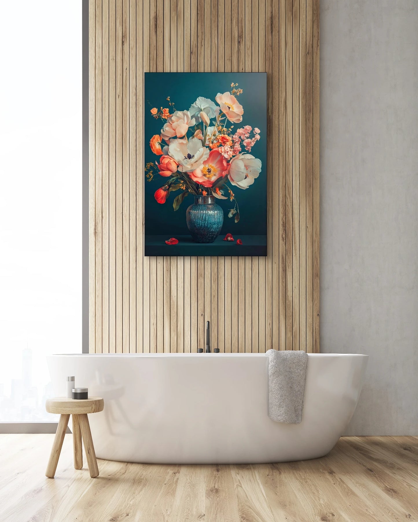 Textielkunstwerk Bloei in Blauwe Stilte boven vrijstaand bad met houten wand en naturel interieur
