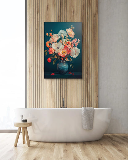 Textielkunstwerk Bloei in Blauwe Stilte boven vrijstaand bad met houten wand en naturel interieur
