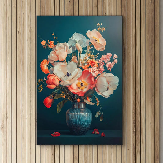 Detail van Bloei in Blauwe Stilte met kleurrijke bloemen in vaas tegen diepe blauwe achtergrond
