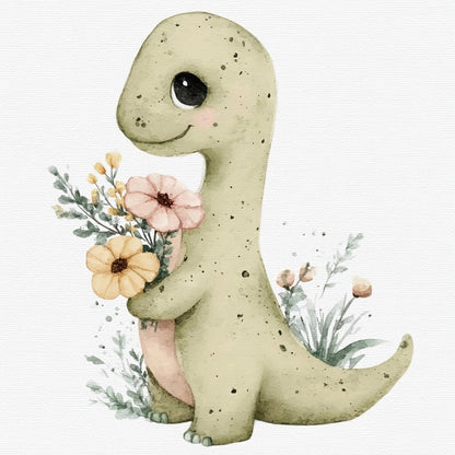 Illustratie van een lieve groene dino met bloemen in zachte tinten op een witte achtergrond
