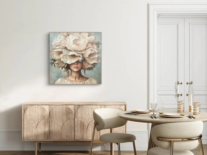 Bloemendroom als wanddecoratie boven een lichte houten kast in een elegant interieur
