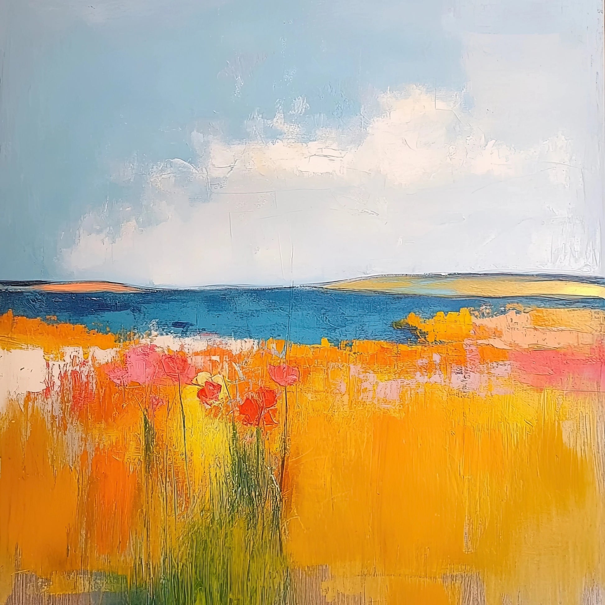 Volledige afbeelding van kleurrijke wandkunst met bloemen, zee en weidse horizon
