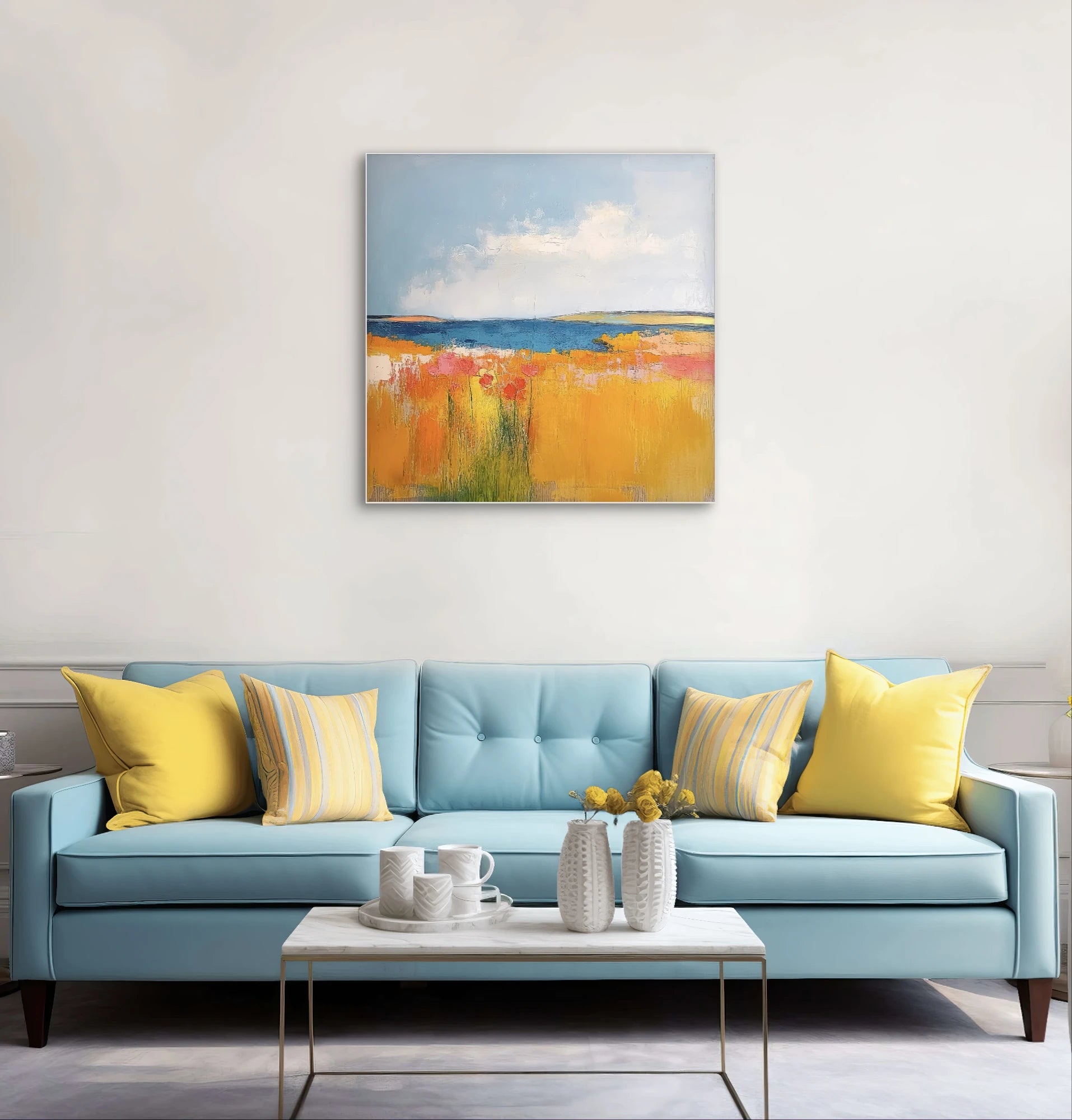 Landschapskunst met bloemenveld in geel, roze en rood voor blauwe zee en lucht
