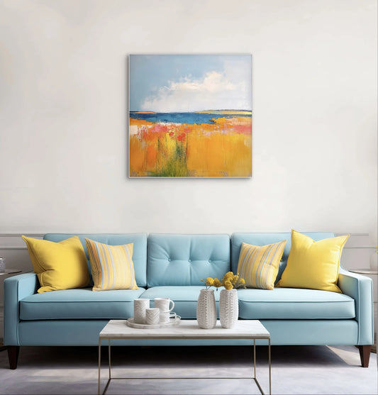 Landschapskunst met bloemenveld in geel, roze en rood voor blauwe zee en lucht
