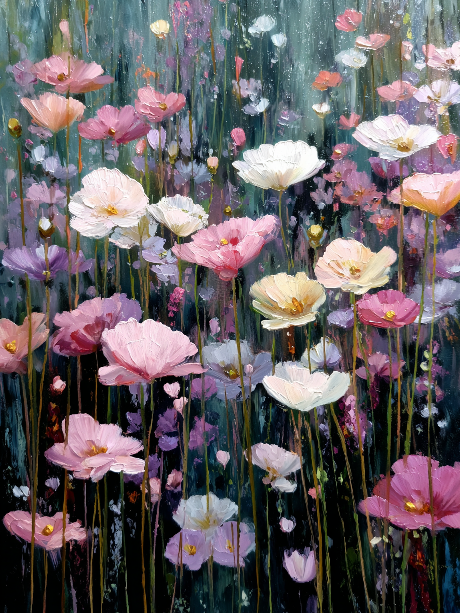 Abstract schilderachtig bloemenkunstwerk met levendige kleuren op donkere achtergrond  
