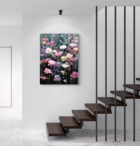 Kleurrijk bloemenkunstwerk boven trap in moderne witte hal  
