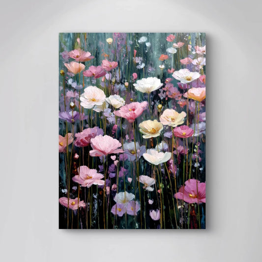 Detail van bloemrijke compositie met roze, paarse en witte tinten  
