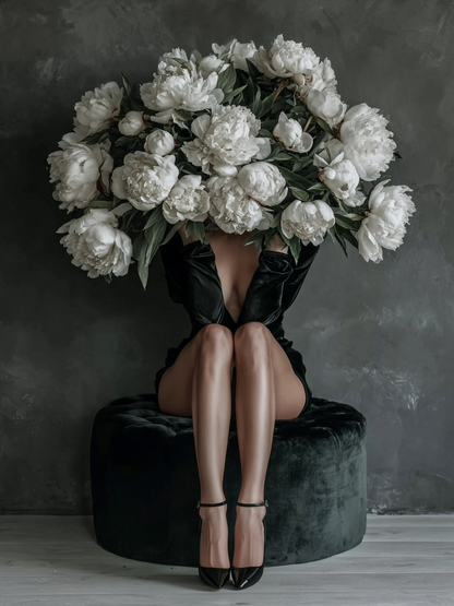 Volledige weergave van Bloemenzet met vrouw, zwarte outfit en groot boeket bloemen
