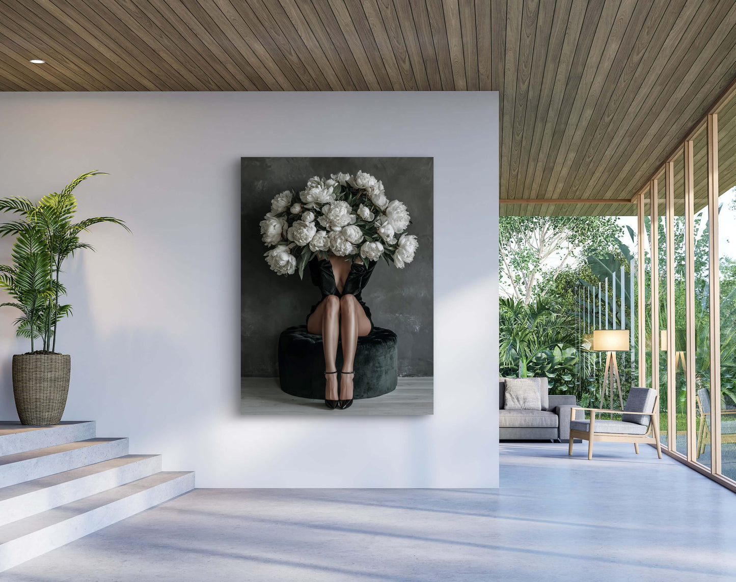 Kunstwerk Bloemenzet in modern interieur met veel licht en natuurlijke details
