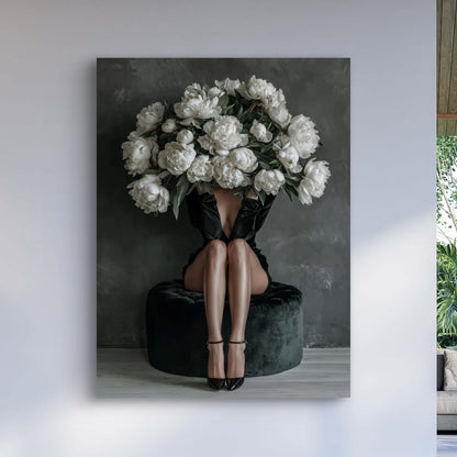 Detail van Bloemenzet met vrouw zittend en hoofd bedekt met witte bloemen
