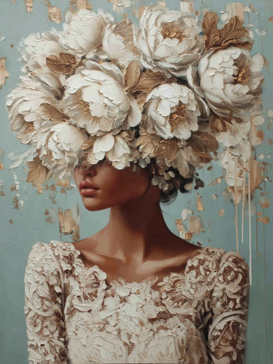 Volledige weergave van Bloemhart, portretkunst met witte bloemen en kalme blauwgrijze achtergrond
