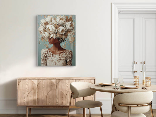 Bloemhart wandkunst in licht interieur met zachte natuurlijke tinten en elegante uitstraling
