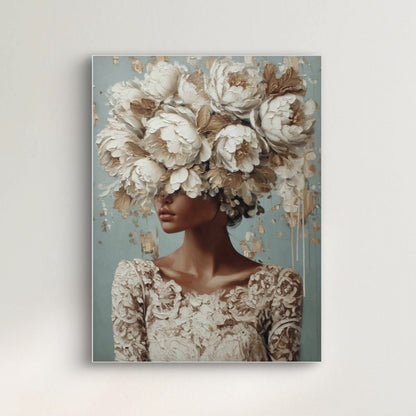 Detail van Bloemhart wandkunst met verfijnde bloemen en zachte penseelstructuren
