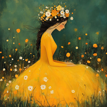 Volledig kunstwerk van een vrouw in een felgele jurk zittend in een bloemenveld met donkergroene achtergrond
