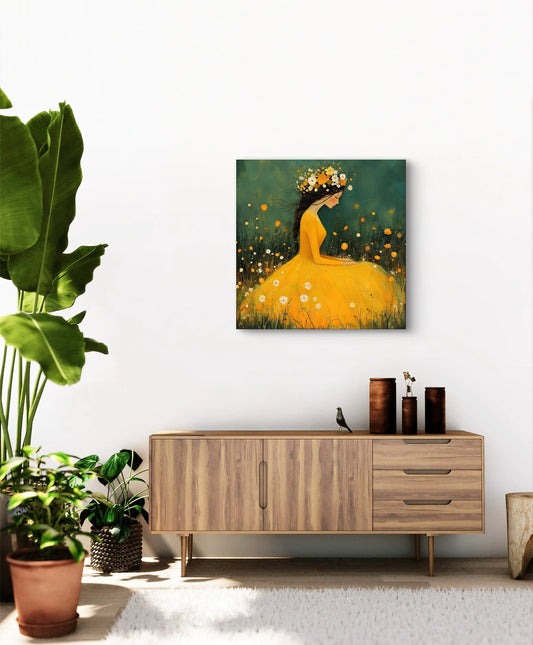 Bloemige Stilte als wanddecoratie boven een houten kast met groene kamerplanten
