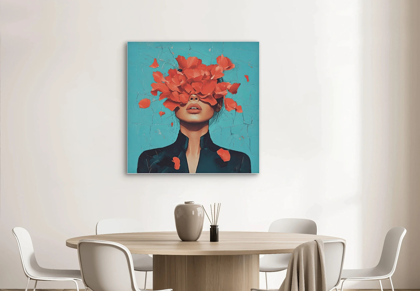 Bloemstorm aan de muur boven een ronde houten eettafel met beige stoelen
