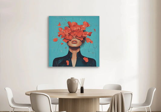 Bloemstorm aan de muur boven een ronde houten eettafel met beige stoelen
