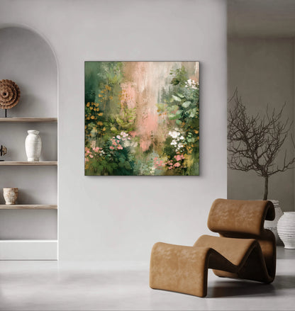 Schilderachtig bloemkunstwerk met groene, roze en witte tinten aan de muur in een modern interieur met designstoel
