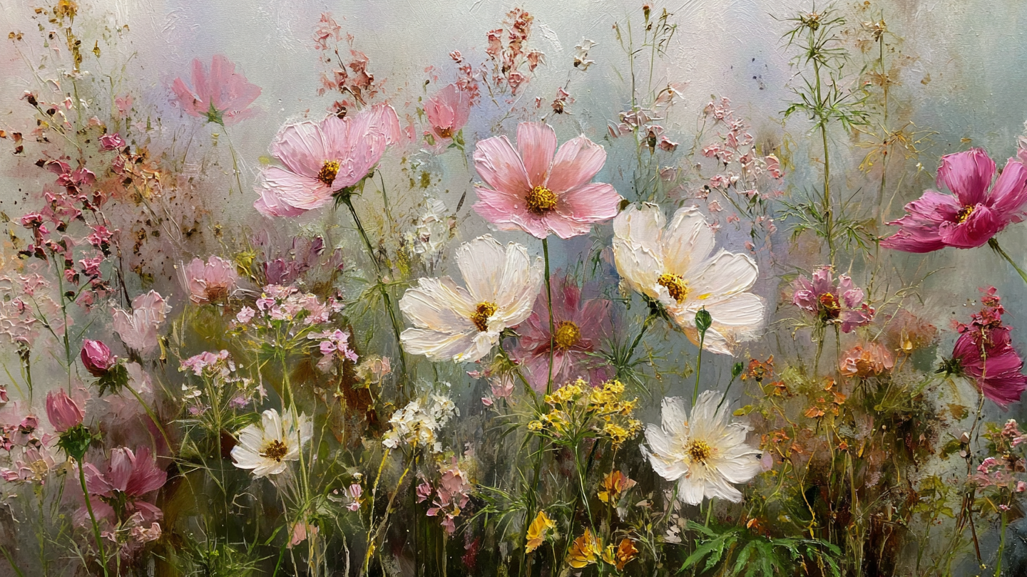 Bloemrijk wandkunstwerk in roze, wit en groen met levendige penseelstreken en zomerse sfeer
