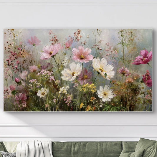 Detail van bloemrijk kunstwerk met roze, witte en gele bloemen in zacht licht
